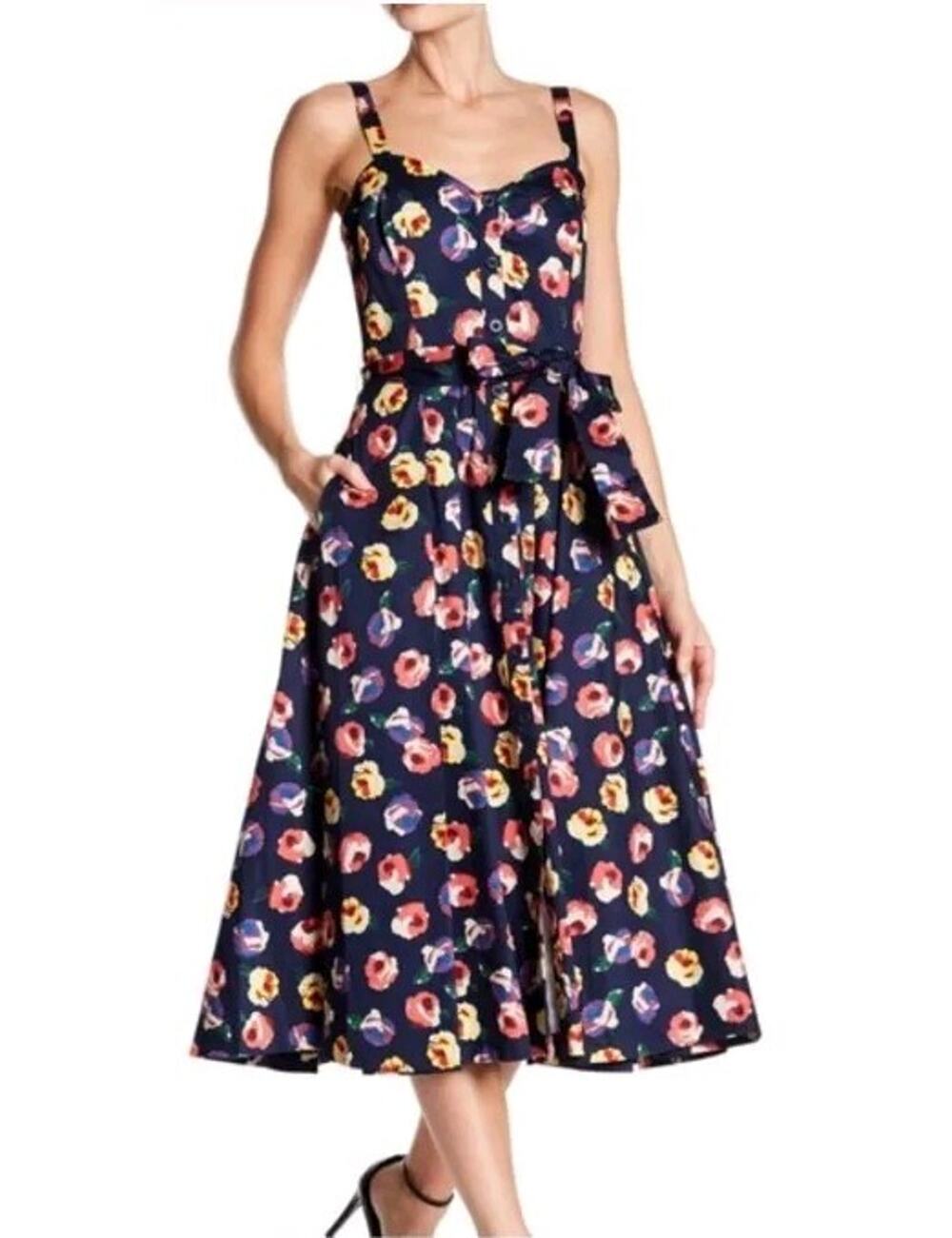 Rachel Roy Floral Print Belted A-Line Midi Dress Size 10 Sleeveless
